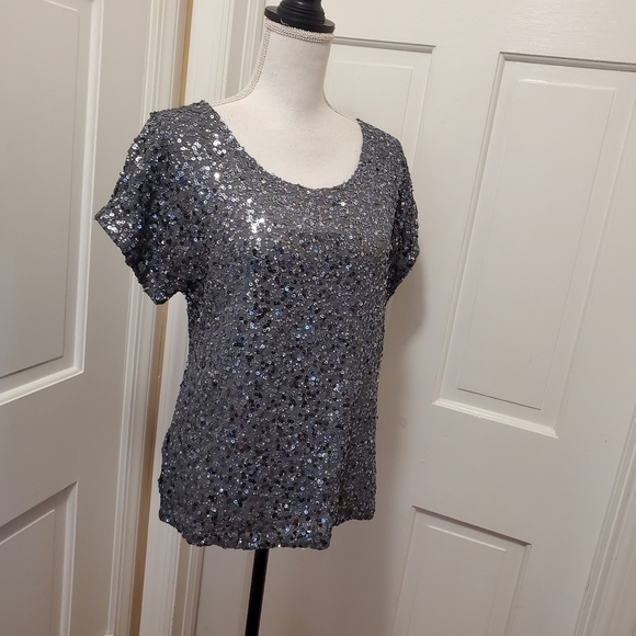 NWT Michael Michael Kors GunMetal Metallic Sequin-Chiffon Top size XS $225 - Picture 5 of 10